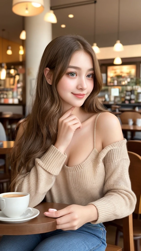 Young girl sitting at a cafe, Soak up the peaceful atmosphere, Photos captured in ultra-detail、Angle of view from the front、oil painting style image、She is very beautiful, highly detailed eyes, Luscious eyelashes, stare quietly into the distance, Reflects a calm and contented expression, Her plump , perfectly formed lips, incredibly detailed, A gentle curve leads to a smile, Wearing a loose high-necked sweater、long thin legs、Complex texture, Her long curls flow around her shoulders、It's a nice cafe, HDR lighting, The scene is filled with faint things, Soothing music、