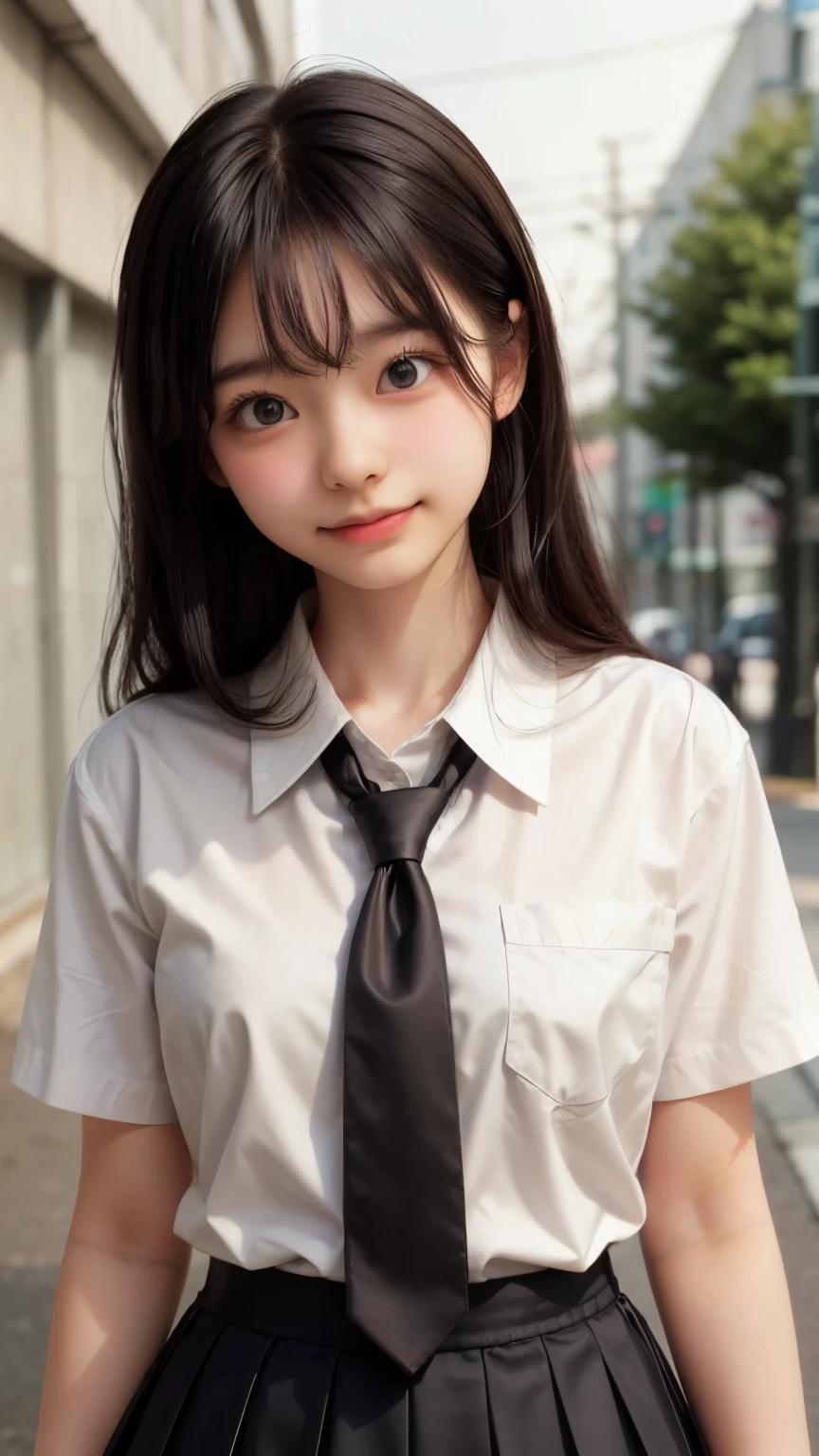 Best image quality, Focus, Soft light, Black hair, (Japanese)), (((Front, ars old) (Depth of field), Ultra high resolution, (Real: 1.4), RAW photo, ((school uniform, collared shirts, white shirts, short sleeve, tie, short skirt)), smiling face, at school