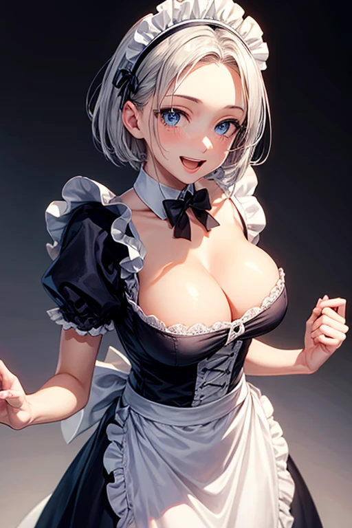 one woman, highest quality, masterpiece, big breasts, beautiful breasts, beautiful woman, beautiful blue eyes, Upper body, 2D, standing position, cleavage, perfect eyes, anime characters, smile, open your mouth, silver hair, Forehead visible, short hair, perfect body, Perfect contours, Maid clothes,