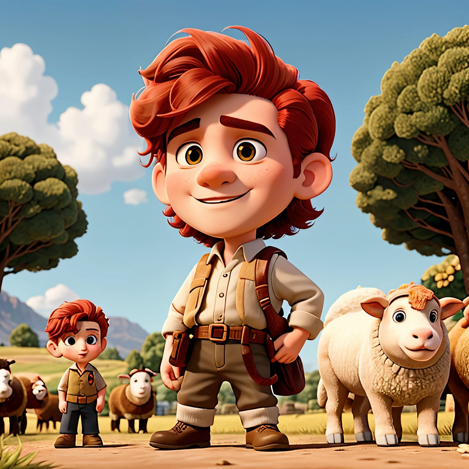 Young 13 year old boy, short red hair, dressed as a sheep shepherd , in front of giant, a man with a Brave expression, in a battle, with armies around him, biblical style