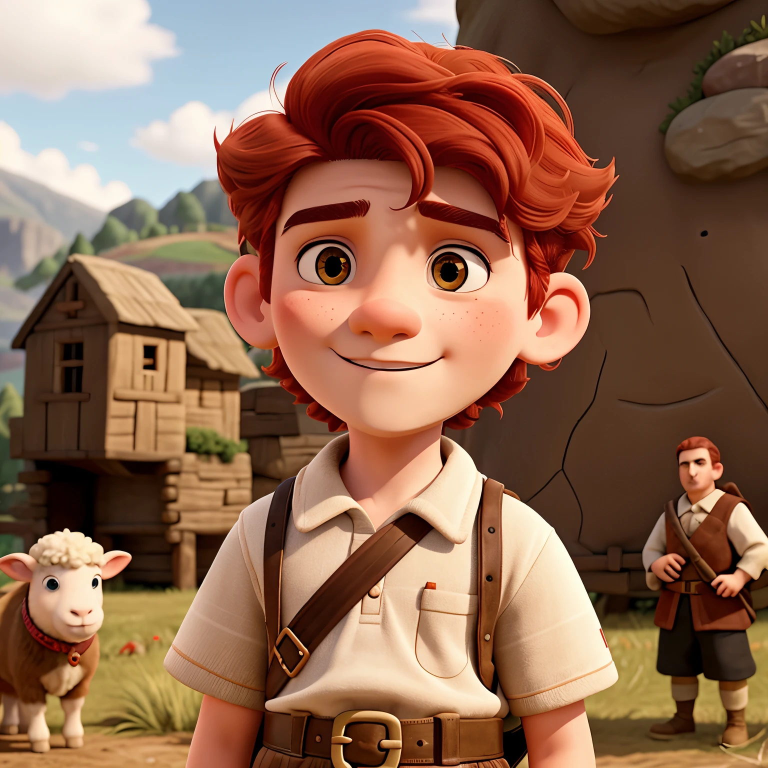 boy, short red hair, dressed as a sheep shepherd , in front of giant, a man with a Brave expression, in a battle, with armies around him, biblical style