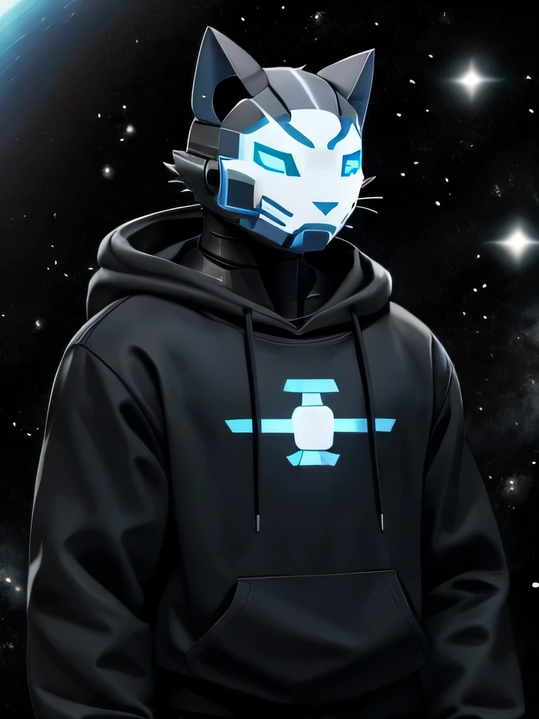 Blue cat robot man, icon, dark gray sweatshirt clothes, robotic parts In your body, a mask that looks like a cyborg and is defective, is in the galaxy scene, high image quality.