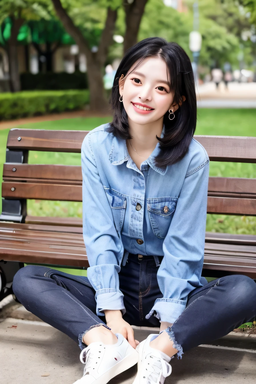 (highest quality)), ((masterpiece)), (get used to it), perfect face、((highest quality)), A neat and beautiful woman sitting on a park bench、long sleeve blouse、skinny denim、sneakers、black hair、hairstyle short cut、smile、smile showing teeth、full body photo、ear piercing