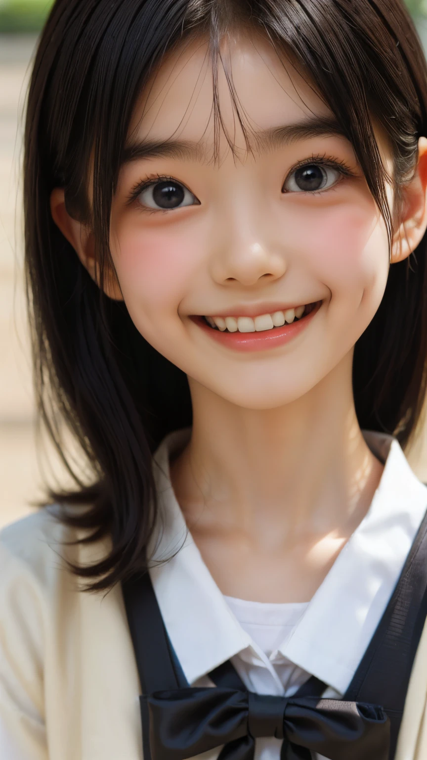 Best image quality, Focus, Soft light, Black hair, (Japanese)), (((Front, ars old) (Depth of field), Ultra high resolution, (Real: 1.4), RAW photo, (( school teacher outfit)), smiling face, at school