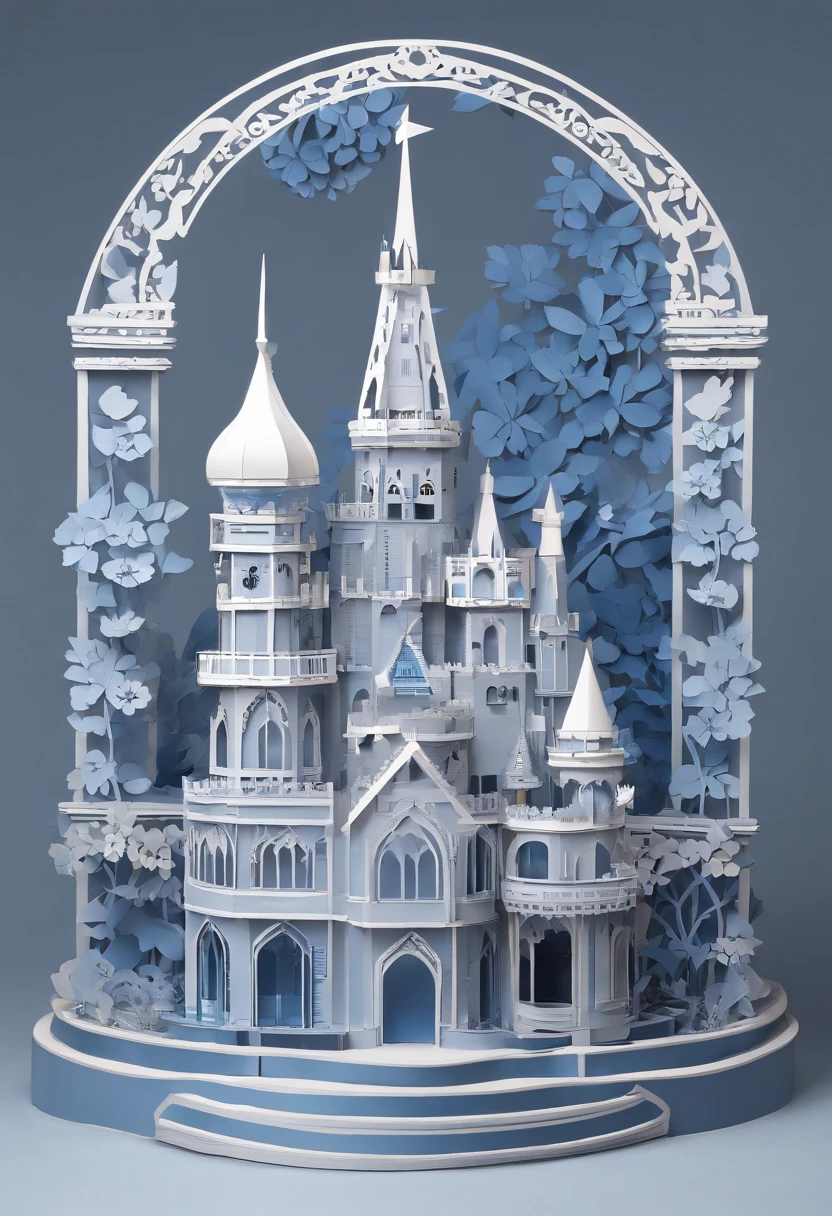 realistic, (highest quality, masterpiece:1.3),
isometric, Flower Castle, Blue rose, gray background,  Paper carving cd-000004