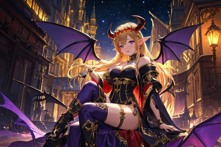 (best image quality, masterpiece: 1.2), (vivid colors, strong contrast: 1.2), striking visuals, official image art, Medieval European night city, galaxy, Close-up of girl, best detailed girl, focus on eyes, (dynamic angles, dynamic poses: 1.2), (Beautiful girl elf with demon wings: 1.2), 4 demon wings, dark blonde hair, purple armor dress, devil horns, shy face, patterned white tights, ornate fine accessories,