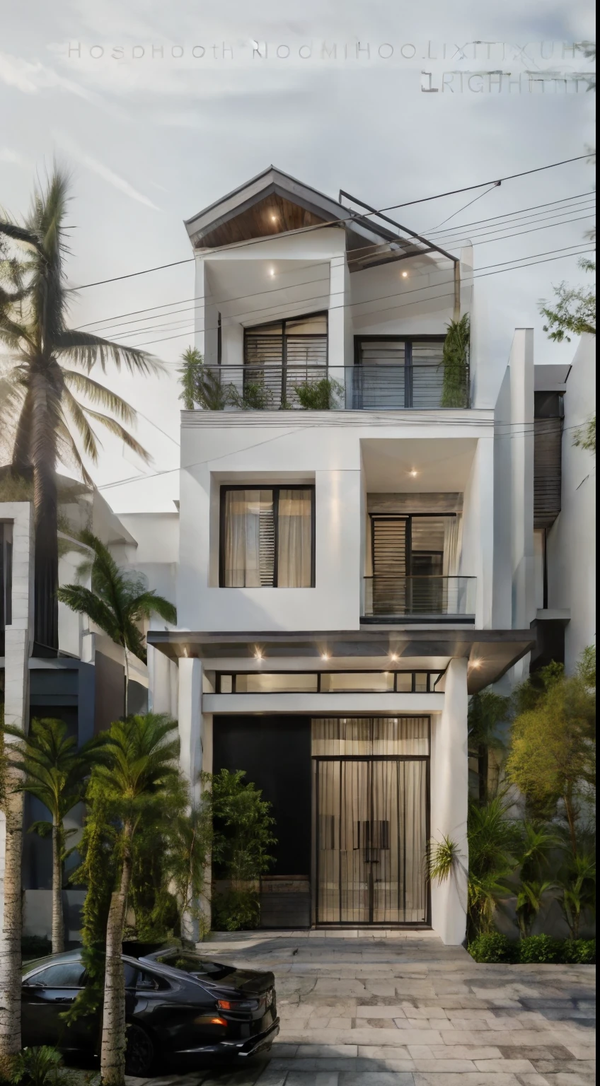 RAW photo, outdoor, (residential architecture exterior:1.3), 1 house architecture, (elegant), Singapore tropical modern house style, white wall and glass and rock and black steel and wood, (Luxury home with exquisite finishing:1.3), (wood),Beautiful tropical garden, warm yellow light in the interior, dark night sky, (high detailed:1.2), (Evening environment with warm dominant interior lighting), 8k uhd, ds, soft lighting, high quality, film grain, Fujifilm XT3   