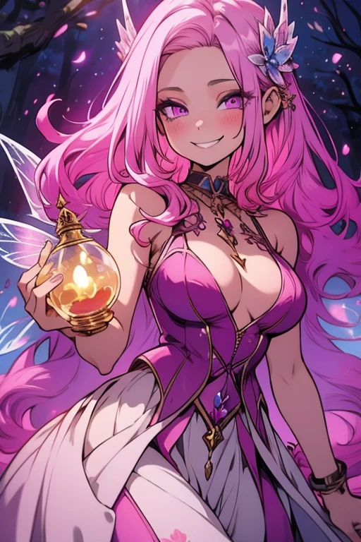 A pink haired female fariry with violet eyes with an hourglass figure wearing a gorgeous conservative fairy gown in an enchanted forest is posing with a smile