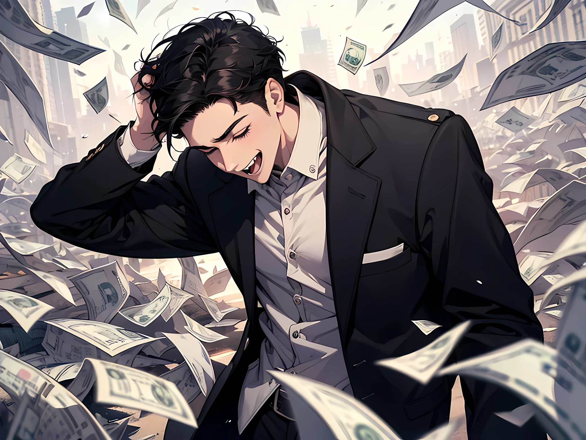 Money fell from the sky, a 24-year-old man with black hair laughed loudly, and a lot of hundred-dollar bills fell in the air, ((male))