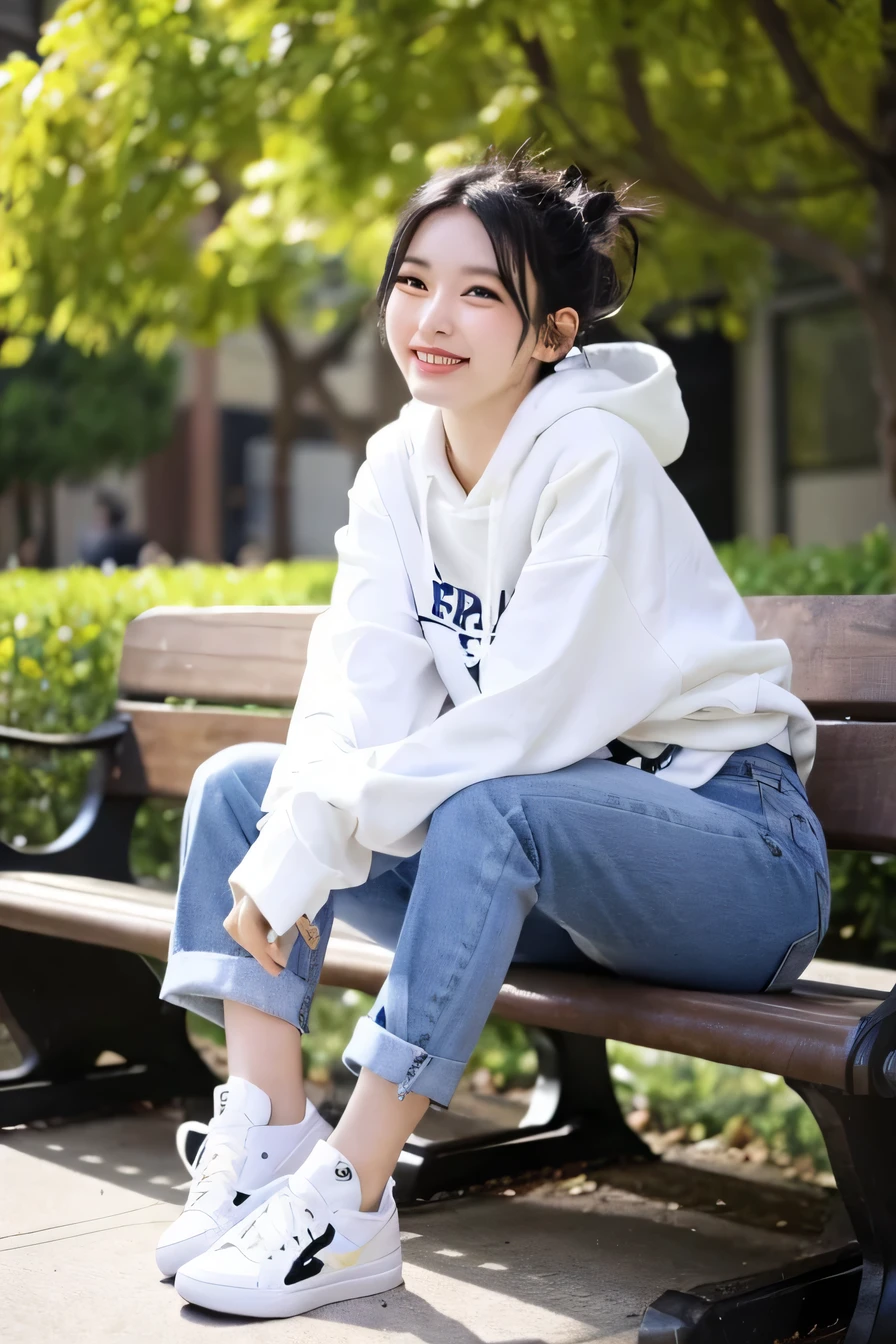 highest quality)), ((masterpiece)), (get used to it), perfect face、((highest quality)), A neat and beautiful woman sitting on a park bench、hoodie、skinny denim、sneakers、black hair、hairstyle short cut、smile、smile showing teeth、full body photo、ear piercing
