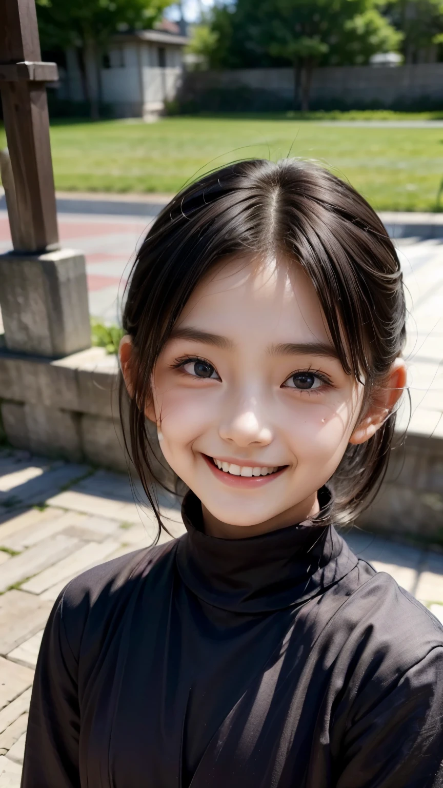 masterpiece, highest quality, outdoors, 1 person,5 years old,girl,cute,smile,black hair, black eye, long hair, long bangs, kind,