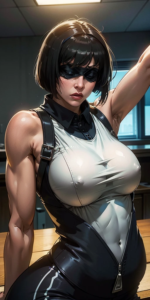 masterpiece, extremely detailed, (fractal art: 1.3), highest detailed, (1girl) (upper body Integra Hellsing cross bet blindfold) focus, upper body, HDR, ), vivid visual effects, (dynamic stripes, luminous traces: 1.2), abs, muscular, ass, ass focus. looking at viewer, sitting at a office table, office, dominant, annoyed expression, frustrated, sitting, huge breasts, boob window, big knockers, detailed face, perfect face, wearing overall jumpsuit, overall jumpsuit showing shaved armpits