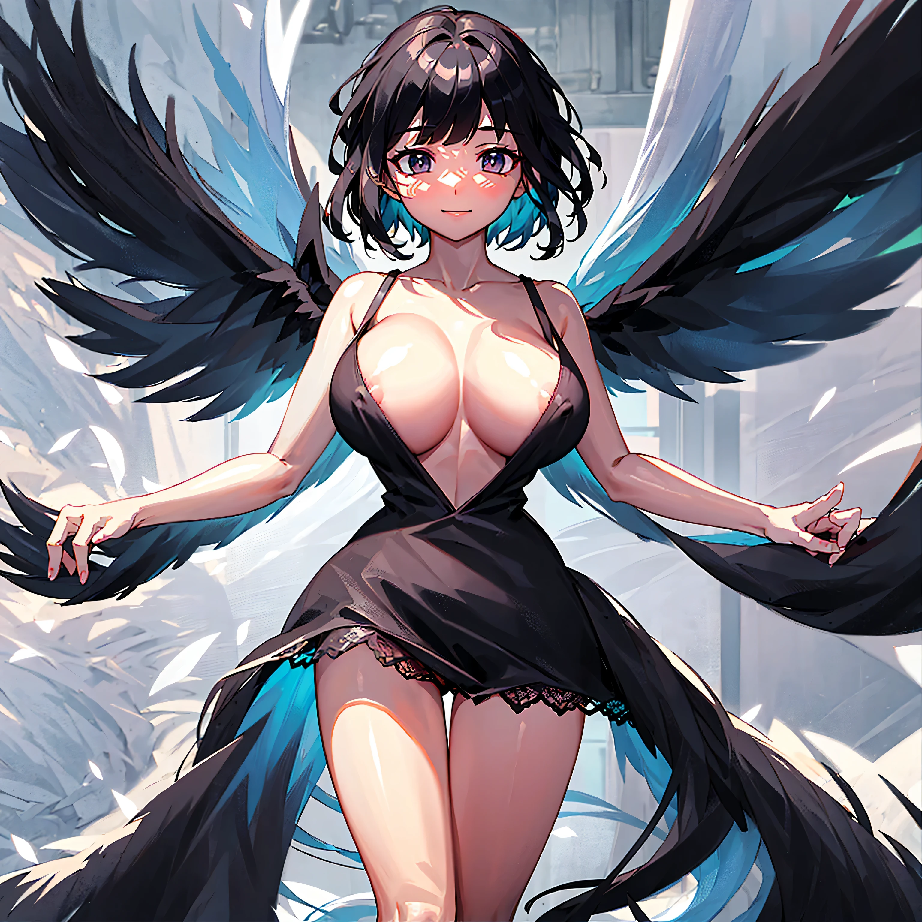 (1 seraphim girl standing on peak of frozen snowy mountain) higher than overcast, blowing frozen wind, (solo), swinging back, multiple wings, (she has 12 wings on her back), (6 white wings:1.5) and (6 black wings:1.5), BREAK, (wearing nothing without a lace trimmed sheer short black chemise:1.4), (black plunging neckline:1.2), (shoulder straps), (too short black skirt:1.2) flapping by wind, stiletto heels, BREAK, (black short hair:1.3), black eyes, collarbone, (bouncing huge perky breasts:1.2), (cleavage), inconceivably narrow waist, (bared skinny arms), (bared skinny long legs), thigh gap, tiptoe, BREAK, baby face, nose blush, smile for viewer, open mouth, orgasm, BREAK, full body, (extremely detailed CG unity 8k wallpaper), (beautiful detailed), (ultra high resolution), (masterpiece:1.2), (best quality), (beautiful illustration), (nsfw:1.0)