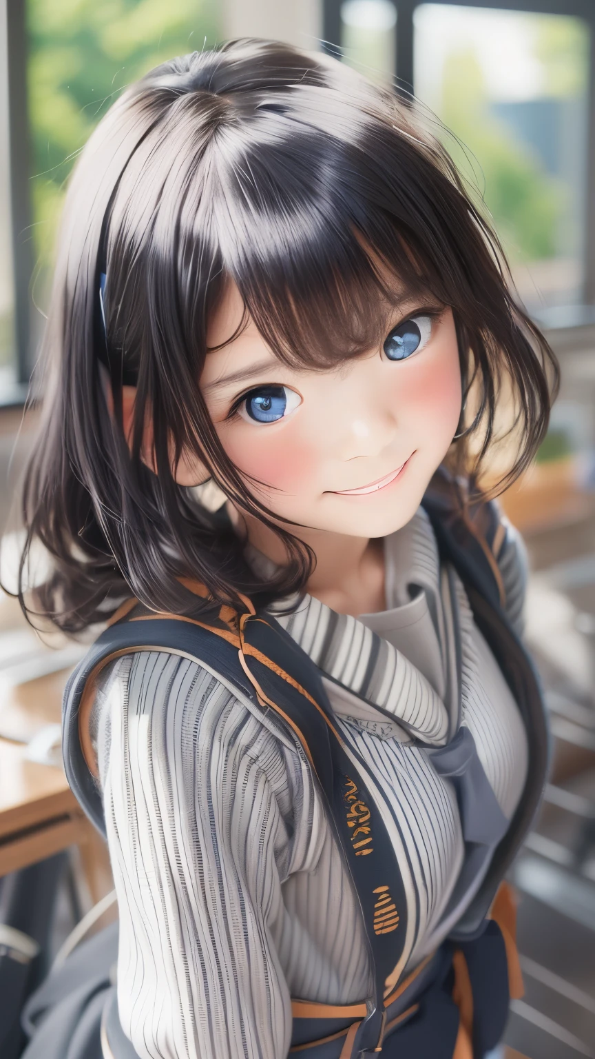 Best image quality, Focus, Soft light, Black hair, (Japanese)), (((Front, ars old) (Depth of field), Ultra high resolution, (Real: 1.4), RAW photo, (( school teacher outfit)), smiling face, at school
