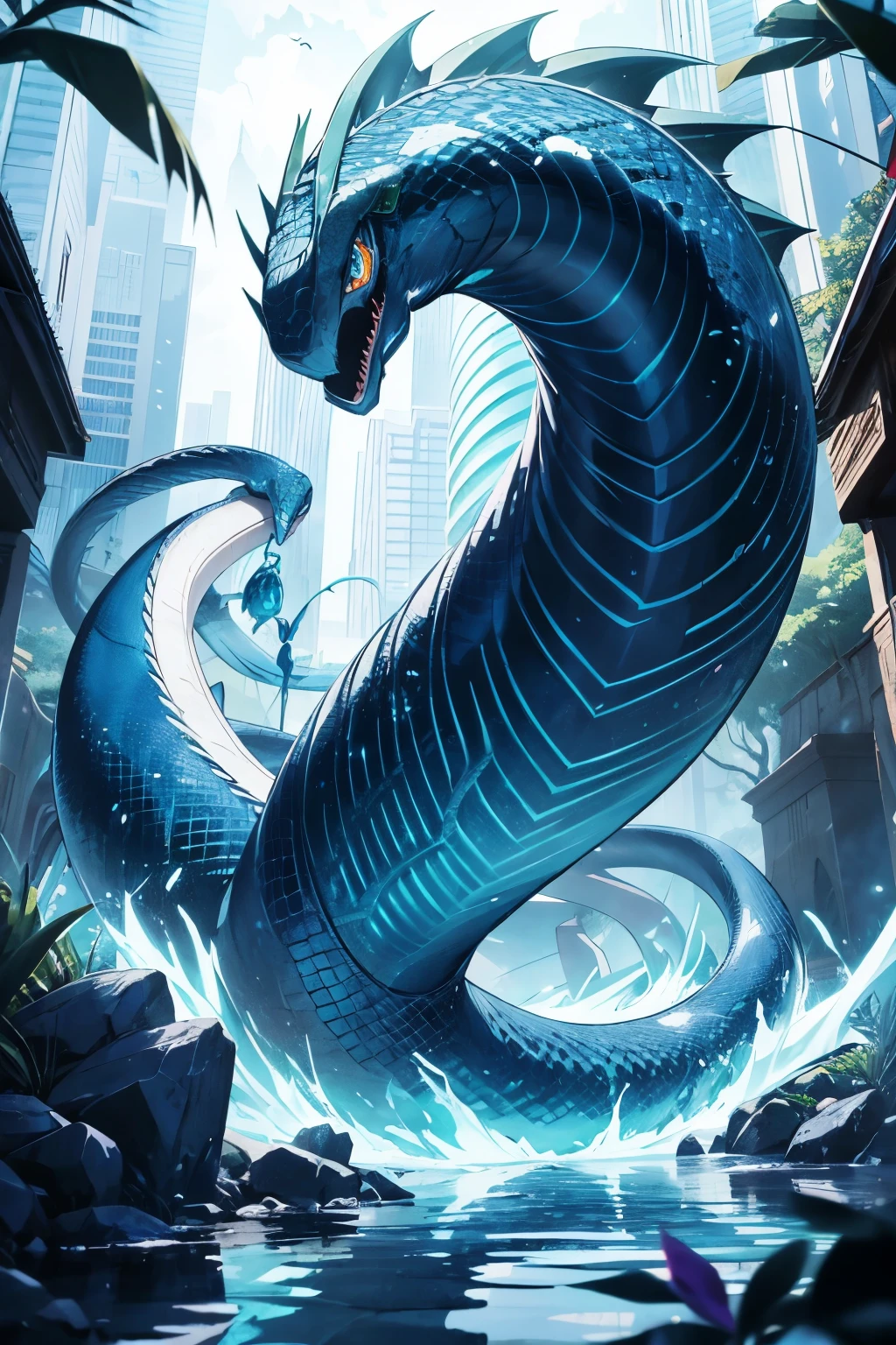 In the realm of anime, a large serpentine creature traverses between various directions with extraordinary agility. Its exquisite Three-dimensional facial features are accentuated by the dramatic contrasts of light and shadow, illuminating its cold, yet beautifully animated eyes. The snake's scales glisten with a captivating sheen, reflecting the vibrant hues of its anime environment. The masterpiece illustration portrays this awe-inspiring creature, capturing the essence of detailed perfection and the splendor of anime artistry.
Bending sinuously, the large snake moves with grace and power, leaving a trail of intricate patterns in its wake. Its body type is svelte