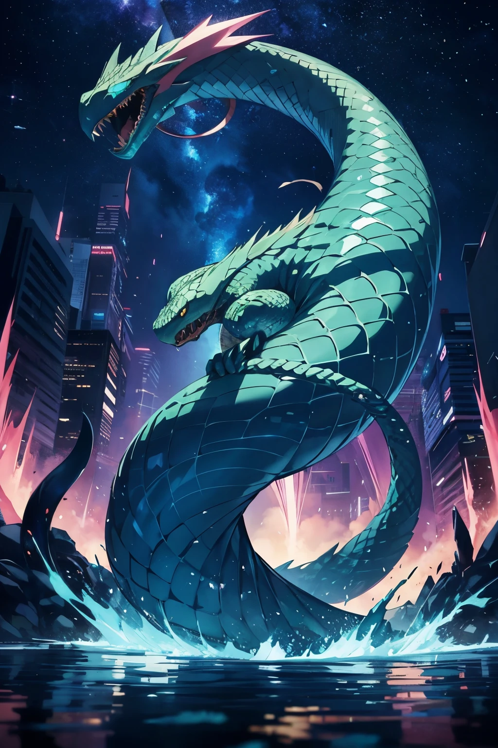 In the realm of anime, a large serpentine creature traverses between various directions with extraordinary agility. Its exquisite Three-dimensional facial features are accentuated by the dramatic contrasts of light and shadow, illuminating its cold, yet beautifully animated eyes. The snake's scales glisten with a captivating sheen, reflecting the vibrant hues of its anime environment. The masterpiece illustration portrays this awe-inspiring creature, capturing the essence of detailed perfection and the splendor of anime artistry.
Bending sinuously, the large snake moves with grace and power, leaving a trail of intricate patterns in its wake. Its body type is svelte