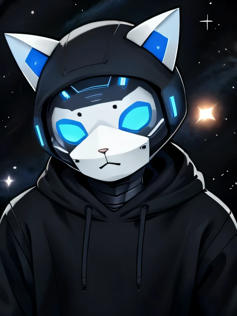 Defective blue color robot cat, icon, dark gray sweatshirt clothes, robotic parts In your body, a mask that looks like a cyborg and is defective, is in the galaxy scene, high image quality, your face is breaking.