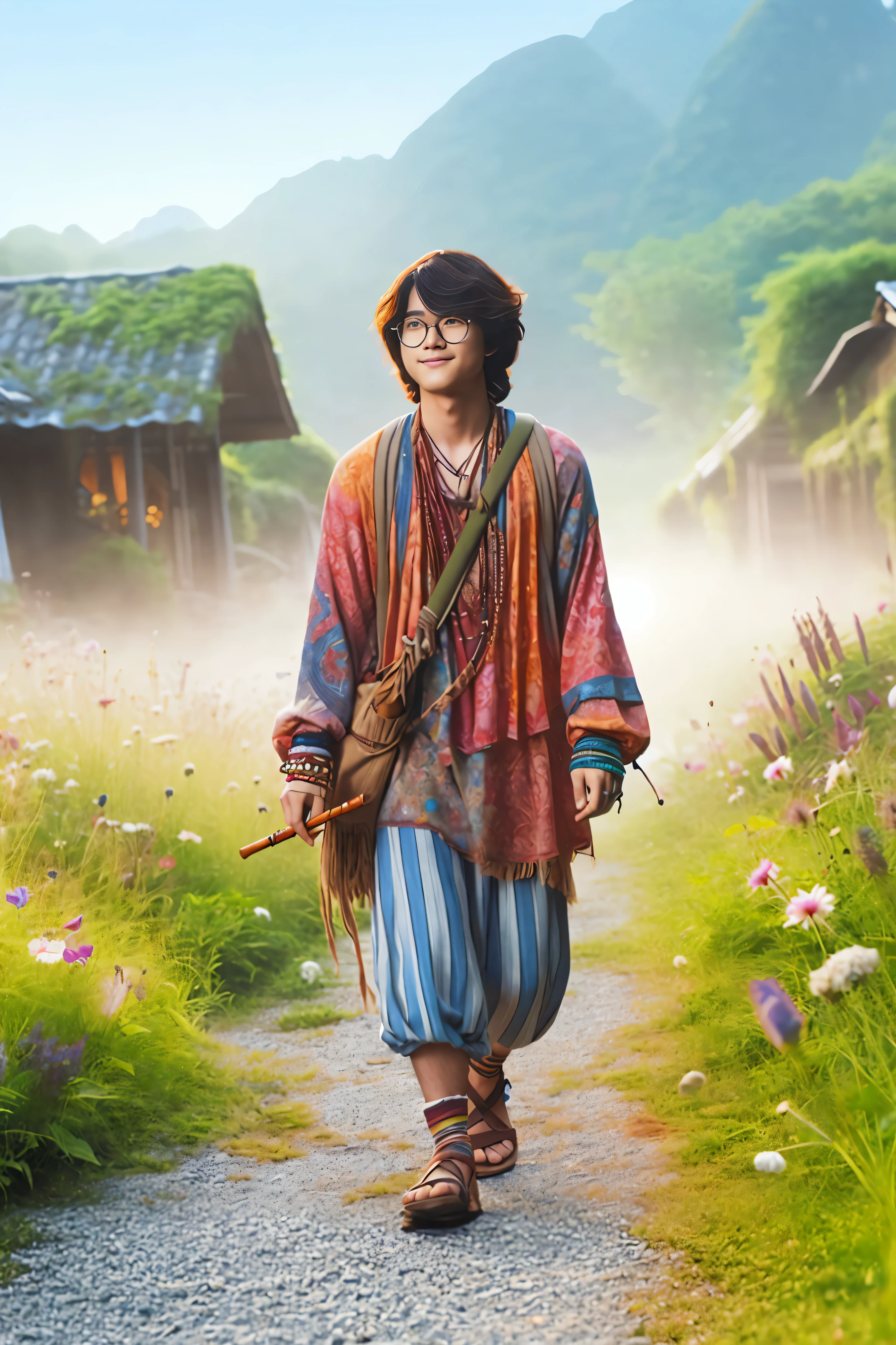 there is a man walking down a path with a bag, movie promotional image, japanese live-action movie, inspired by Yang Borun, still from a live action movie, fanart, portrait shot, still from a fantasy movie, still from the movie, the movie, fan art, official art, kubo and the two strings, inspired by Yamagata Hiro