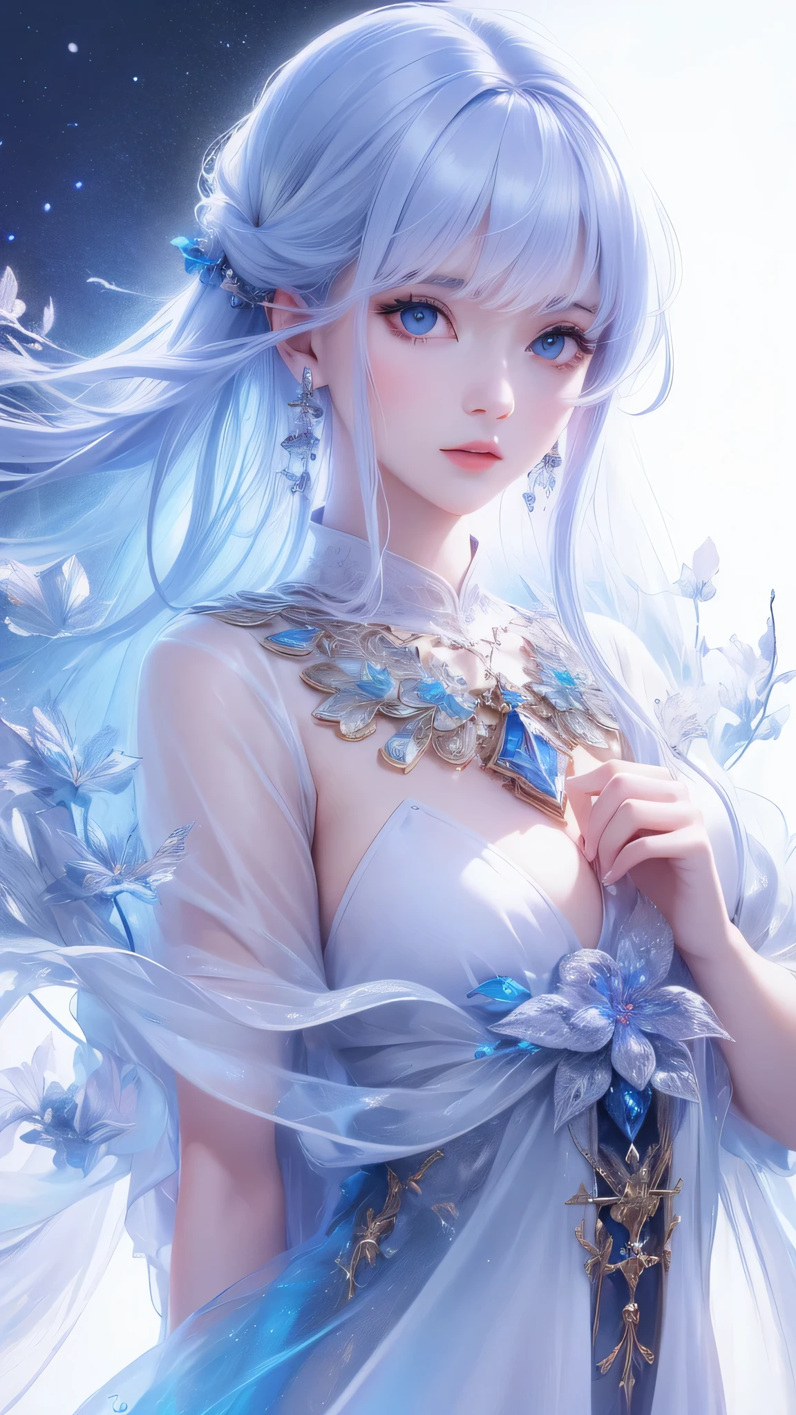 ((masterpiece)), (((best quality))), ((ultra-detailed)), ((illustration)),[realism light effect],shadow,(Fantasy style),(white background:1.6), simple background, (earth theme),(a cloak)[(hair focus,((1girl)),[(big slime hair): (cloud hair):0.3], (hair on background),(high saturation),(hair surrounded by galaxy splashes),)):((her hair is becoming galaxy clouds,:1.27628), (hair and clothes is galaxy clouds and cluster of stars:1.1025),(a cloak is becoming galaxy clouds)