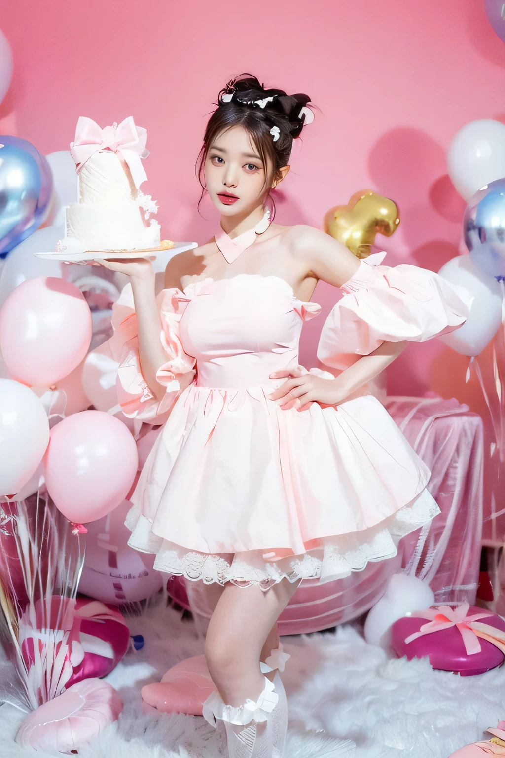 araffe vestidoed in a pink vestido holding a cake and balloons, bella delfina,  in vestido, estilo lolita, hada, moda lolita, sakimichan, cosplay de un chico gato! mucama! vestido, magical girl style, rosa pastel, angelical bonita, magical lolita girl portrait, mucama vestido, 