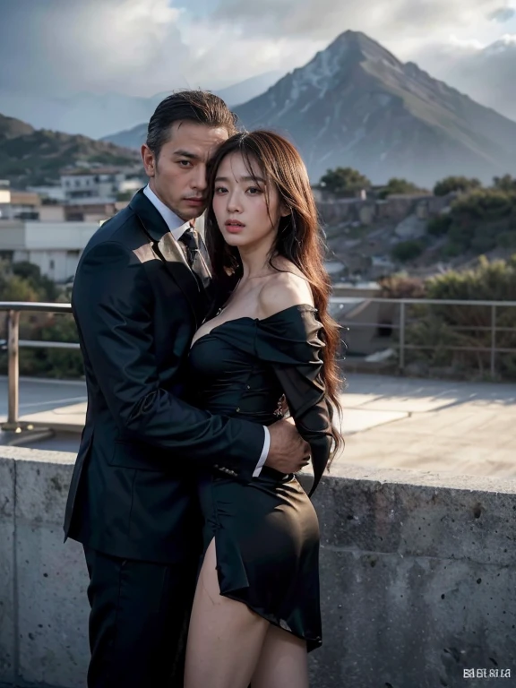 original photo,depth of field,dramatic,Inspired by the 007 movie,(Real movie stills:1.3),007 movie style,(best quality, high resolution:1.2), perfect composition,Super detailed details, (actual、lifelike、Realism:1.3), at sunset,spectacular cloud formations,top of mountain,Full body female love,Tall man,sexy woman,((1名女人和2名Tall man在一起)), The woman's hair is very messy,Woman wearing intricate evening dress,hollow,pattern,badge,Torn evening gown,sexy cleavage,Threatening atmosphere,007 atmosphere, Threatening atmosphere,Agent atmosphere, close up, Perfect body,性感的long legs,long legs,Highly detailed facial details, real background,background是top of mountain,Stills from the real 007 movie,Movie plot,(sharp focus:1.2), Very detailed, (lifelike:1.4), (The original image, 8K high resolution:1.2), RAW candid movies, 16 mm, Color graded Portra 400 film, Surreal, subsurface scattering, Ray tracing, (Volumetric lighting),The woman is soaked all over,((Behind the woman stood two other men in suits.)),Threatening atmosphere,