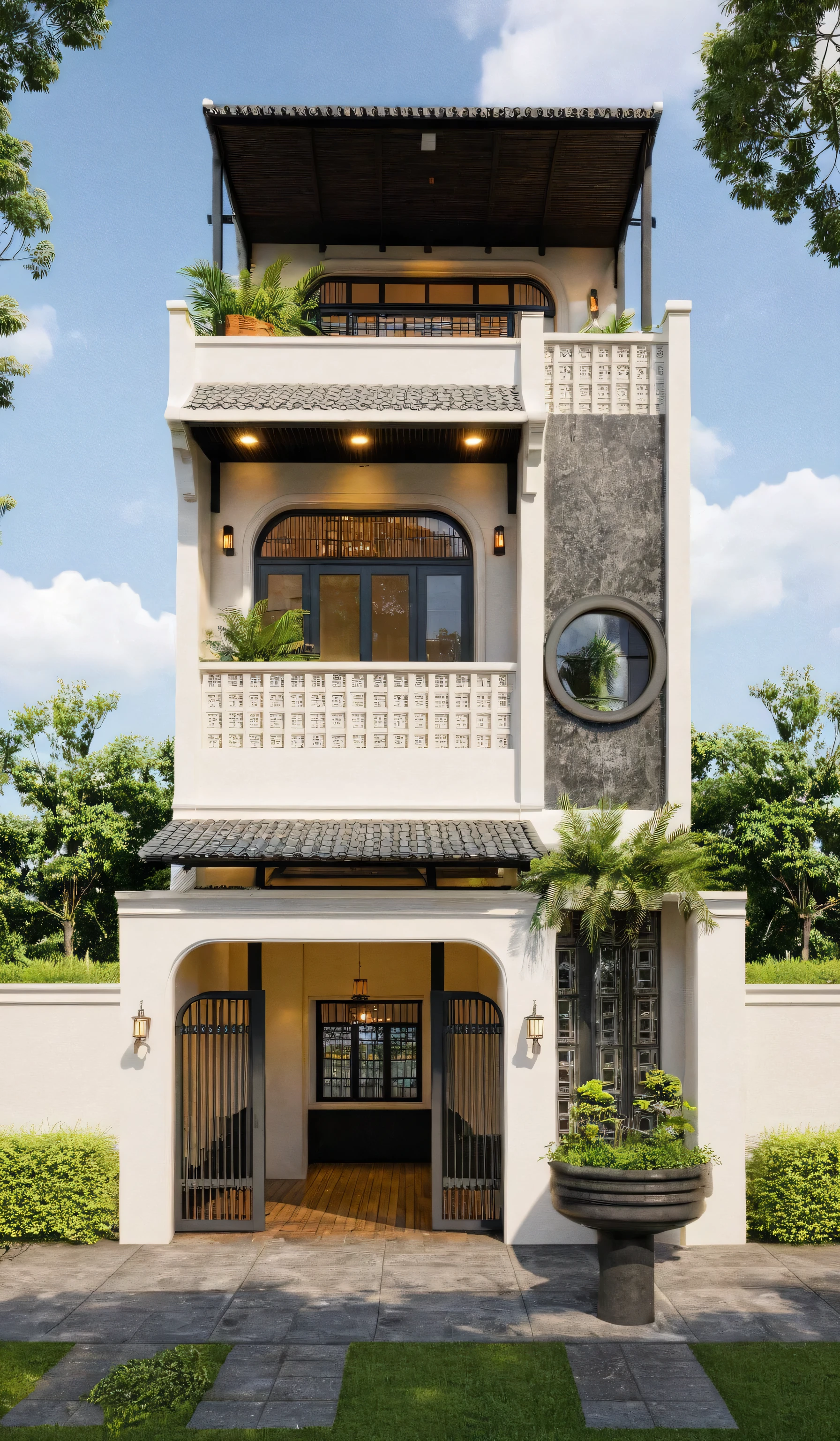 Raw photo,Masterpiece, high quality, best quality, authentic, super detail,
exterior, outdoors, house style indochine on the street ,aiaigroup
road,pavement, grass, trees, sky, cloud, (day:1.1), vivid colour,