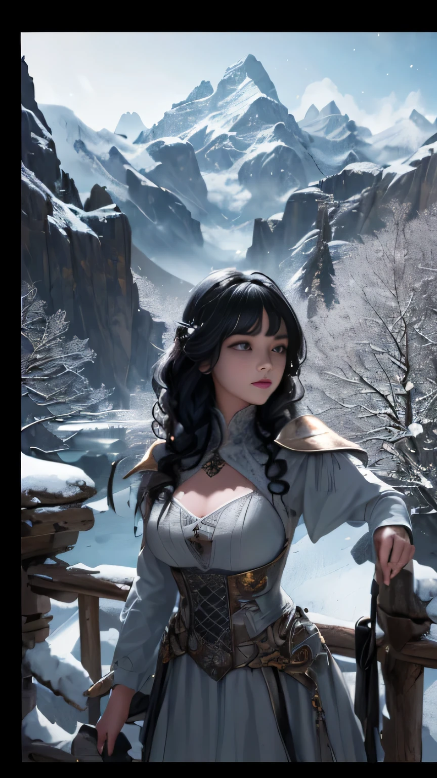 (Masterpiece, best quality, illustration, dark, 1 girl, In the wilderness, High mountain, Snow-capped mountains in the distance, Castle,
A lone girl stands triumphantly atop a rocky outcropping, gazing out at the breathtaking view of snow-capped mountains in the distance. The sun casts long shadows over the rugged landscape, infusing the scene with an ethereal, otherworldly beauty.
Her beautiful, detailed eyes sparkle with determination and a sense of awe, framed by thick, lush lashes. Her hair, a cascade of dark curls, catches the light and shimmers, adding an extra layer
