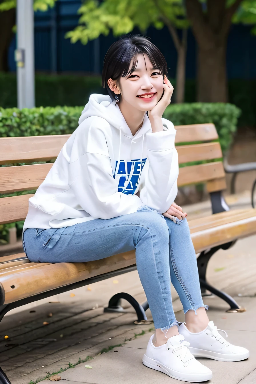 highest quality)), ((masterpiece)), (get used to it), perfect face、((highest quality)), A neat and beautiful woman sitting on a park bench、hoodie、skinny denim、sneakers、black hair、hairstyle short cut、smile、smile showing teeth、full body photo、ear piercing