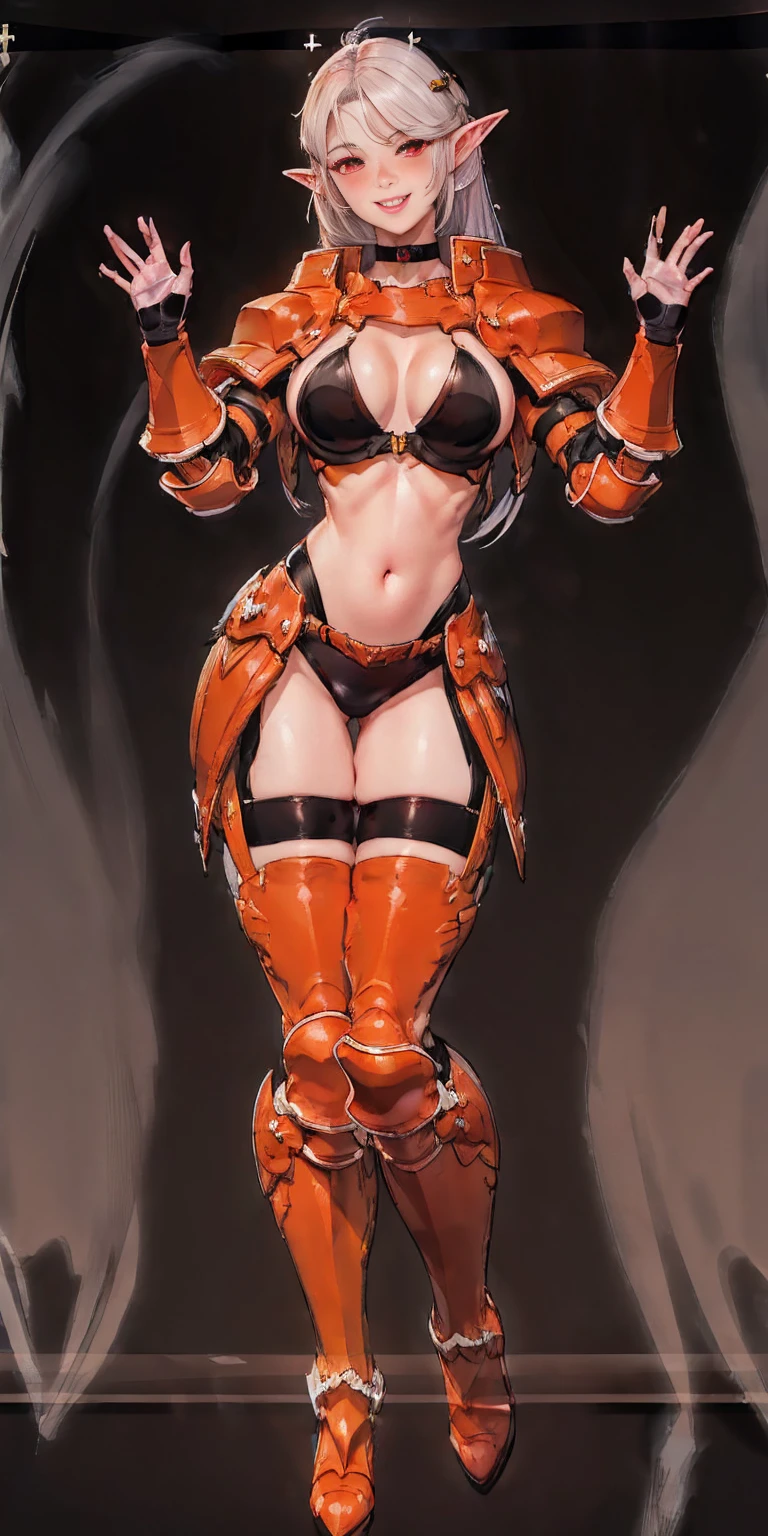 ((BLACK BACKGROUND1:2)) masterpiece, best quality, high quality, 1solo white SKIN elf, long hair, white hair, white eyes, full body, black bikini, looking at viewer, shiny, black thighhighs, high boots,shoulder armor, faulds, poleyn, gloves, gauntlets, FEET TOGETHER STANDING SYMMETRICAL, female elf big knockers cleavage bikini, black headwear, black choker collar, lustful smirking smile face red blushed red cheeks, smile, hands on hips