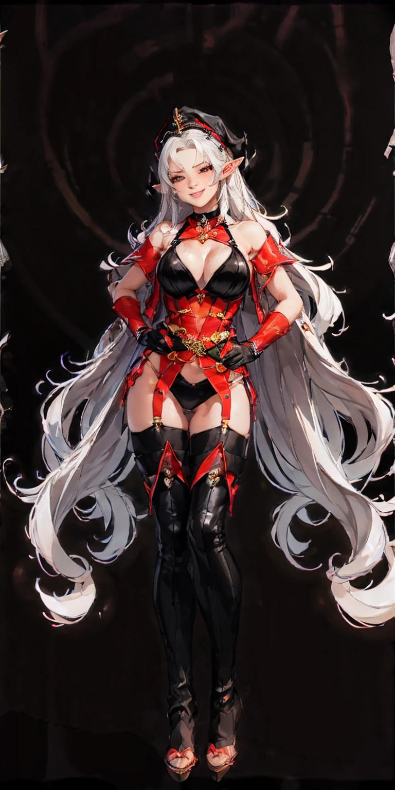 ((BLACK BACKGROUND1:2)) masterpiece, best quality, high quality, 1solo white SKIN elf, long hair, white hair, white eyes, full body, black bikini, looking at viewer, shiny, black thighhighs, high boots,shoulder armor, faulds, poleyn, gloves, gauntlets, FEET TOGETHER STANDING SYMMETRICAL, female elf big knockers cleavage bikini, black headwear, black choker collar, lustful smirking smile face red blushed red cheeks, smile, hands on hips