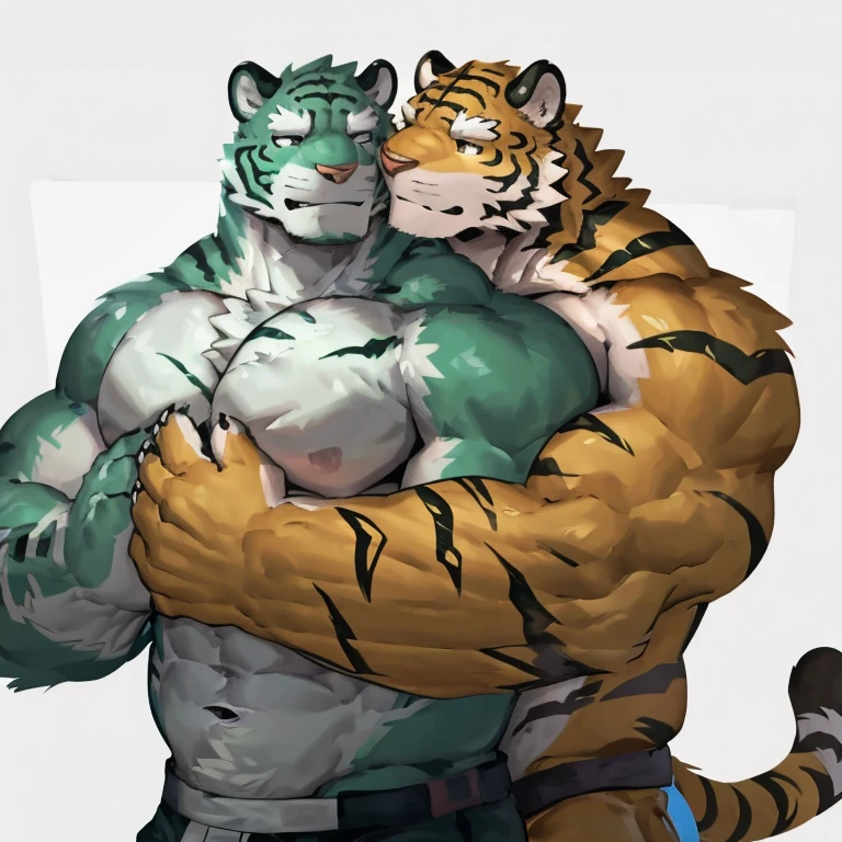 two muscular tiger , furry chest, muscular green tiger hug muscular tiger back, muscular green tiger stand behind, hug from behind, white background, perfect hand, thick furry neck and chest fluff, hand behind head, kiss, side view by lindong, by nullghost