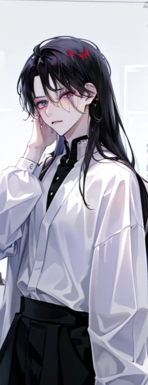 male。long black hair。long bangs。One eye is hidden by hair。white clothes。black inner。30 generations。No expression。purple eyes。pale skin。slender body。troubled eyebrows。Crying Kuroko。