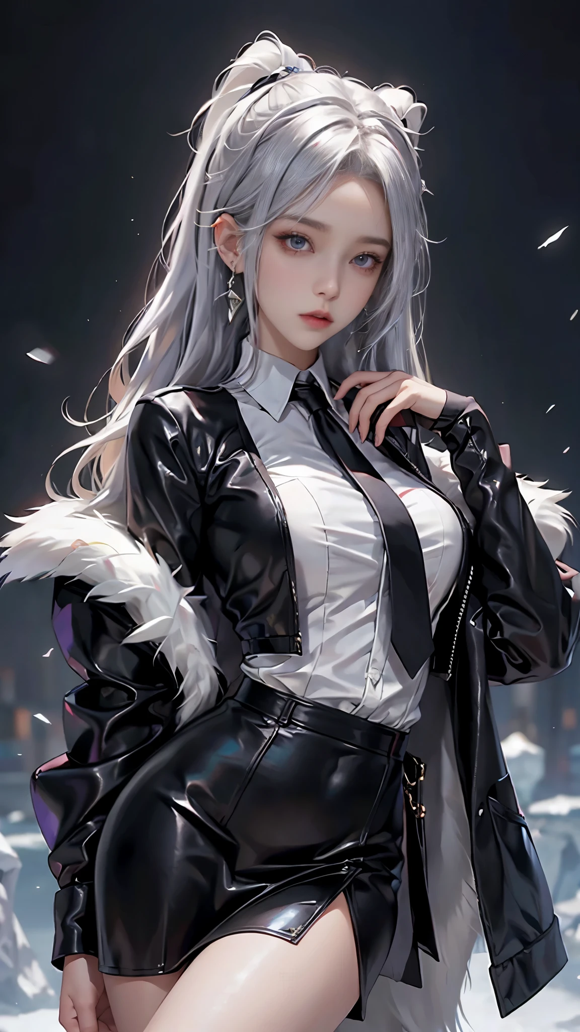 Photorealistic, high resolution, 1 Women, Solo, Hips up,ta costume， Beautiful eyes, White hair, ringed eyes, Collared shirt,black necktie,Black skirt, pencil skirts, Fur coat