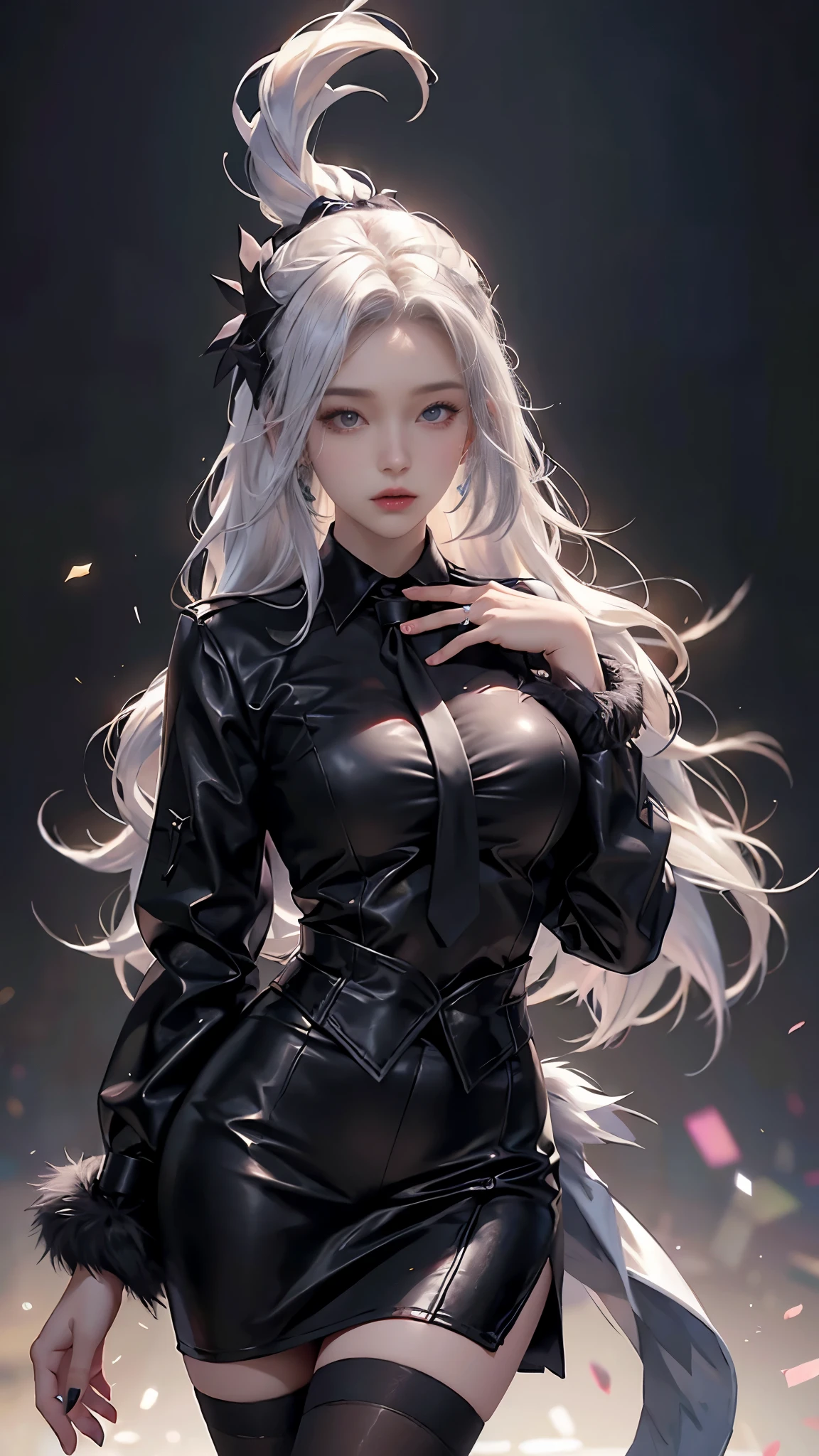 Photorealistic, high resolution, 1 Women, Solo, Hips up,ta costume, Beautiful eyes, White hair, ringed eyes, Collared shirt,black necktie,Black skirt, pencil skirts, Fur coat