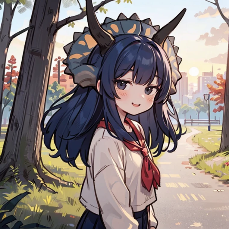  there is a drawn image of a girl standing in a park, 1girl, female focus, black eyes, alone, sunset, navy blue hair, long hair, smile, outdoors, looking at viewer, normal clothes, triceratops horns, characteristics of Triceratops