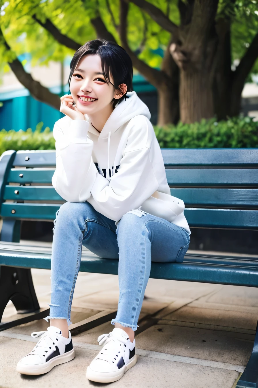 highest quality)), ((masterpiece)), (get used to it), perfect face、((highest quality)), A neat and beautiful woman sitting on a park bench、hoodie、skinny denim、sneakers、black hair、hairstyle short cut、smile、smile showing teeth、full body photo、ear piercing