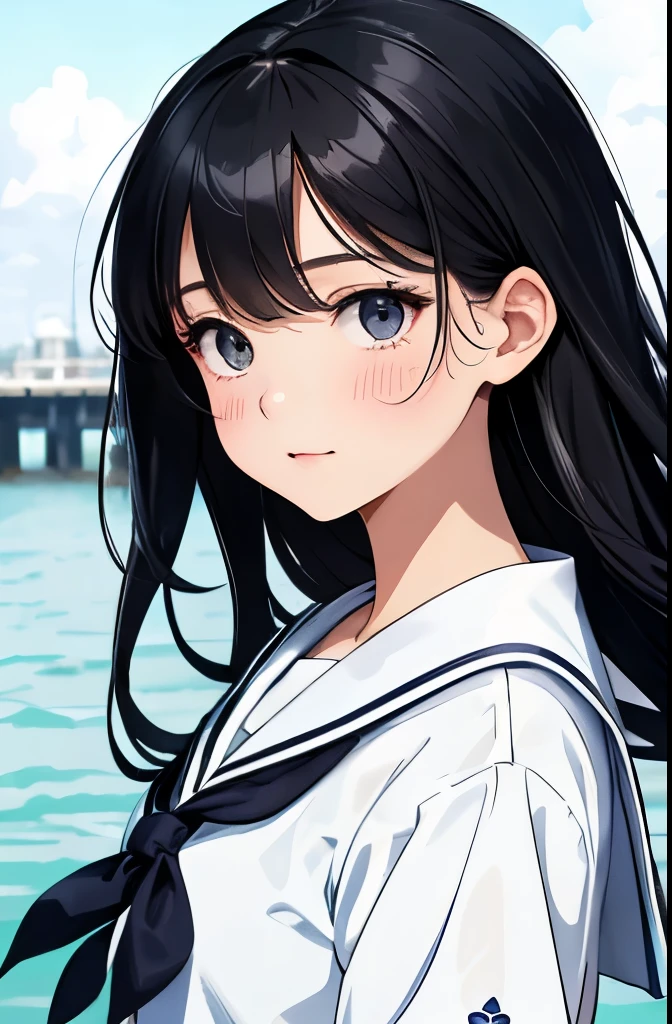 (highest quality:1.4)、High resolution、detailed background)、(detailed beautiful face:1.4)、detailed facial expressions、anatomically correct、realistic、Beautiful Girl、long black hair、cute髪型、Brightly colored inner color hair、Zoom in on shoulder from the side、Looking into the distance with a sad face、upper body only、pier、The wind is blowing、Emphasize feminine silhouettes、cute、
(Cute color sailor suit、white sailor collar:1.2)、plaid pleated mini skirt、cute瞳