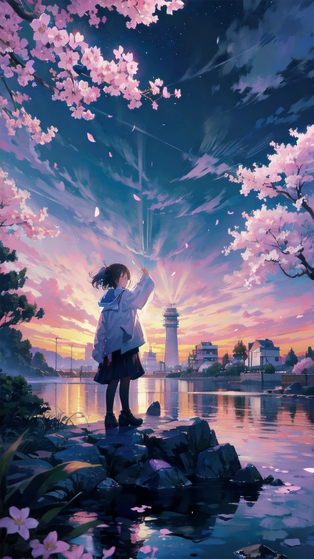 Girl looking up scene 1: Shadow of the cherry blossoms at dusk A girl stands quietly with the sky behind her, Dyed azure. 彼女の目の前にそびえ立つのはバベルのtowerと呼ばれる巨大な桜だ. The Shape, Like piercing the clouds, It&#39;s like it&#39;s reaching the sky. The girl&#39;s gaze is directed towards the top of the cherry tree.. tower, Enveloped in the darkness of the evening, Creates a fantastic atmosphere. The surface of the cherry tree has intricate patterns engraved on it.. Old-fashioned. The girl seemed to sense something deep within the cherry blossoms.. Is it a memory of a classic story?、Or is it a longing for an unknown fantasy world?? Scene 2: Memories of the starry sky As countless stars twinkle in the night sky、少女はtowerの頂上に立つ. At her feet, The city lights shine like jewels. The girl closes her eyes and takes a deep breath. 夜風の匂いとtowerの古い匂いが混じる. The girl&#39;s mind replayed a famous story. The girl read a story of adventure and friendship.。 . The main character of the story, Like a girl, バベルのtowerに登りました. There, She met her friends、Overcoming various difficulties. One day the girl had a dream。, Like the main character, I&#39;ll go on an adventure. Scene 3: 朝焼けの約束 朝日の光がtowerを照らす頃、少女はtowerを出た. think back, towerは朝日に輝いて神々It even seemed. 少女はいつかまたこのtowerに登ると決めた. And she, She vows to tell the rest of the story. step by step, The girl walked into the future,Cherry blossom trees,Falling cherry blossoms
