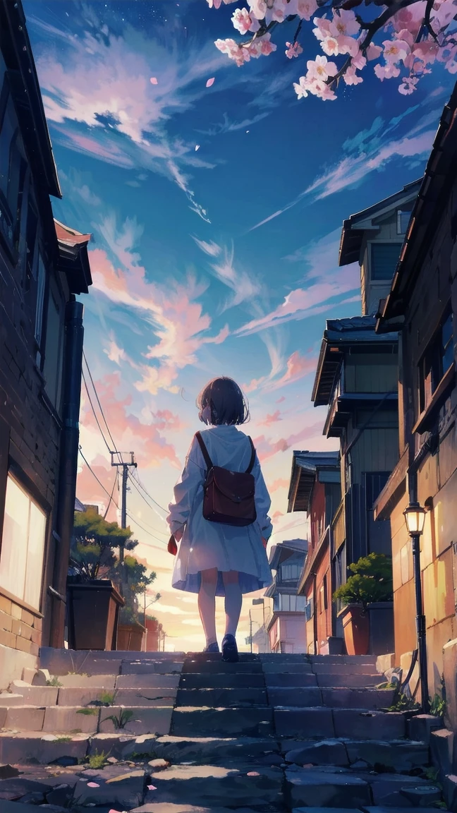Girl looking up scene 1: Shadow of the cherry blossoms at dusk A girl stands quietly with the sky behind her, Dyed azure. 彼女の目の前にそびえ立つのはバベルのtowerと呼ばれる巨大な桜だ. The Shape, Like piercing the clouds, It's like it's reaching the sky. The girl's gaze is directed towards the top of the cherry tree.. tower, Enveloped in the darkness of the evening, Creates a fantastic atmosphere. The surface of the cherry tree has intricate patterns engraved on it.. Old-fashioned. The girl seemed to sense something deep within the cherry blossoms.. Is it a memory of a classic story?、Or is it a longing for an unknown fantasy world?? Scene 2: Memories of the starry sky As countless stars twinkle in the night sky、少女はtowerの頂上に立つ. At her feet, The city lights shine like jewels. The girl closes her eyes and takes a deep breath. 夜風の匂いとtowerの古い匂いが混じる. The girl's mind replayed a famous story. The girl read a story of adventure and friendship.。 . The main character of the story, Like a girl, バベルのtowerに登りました. There, She met her friends、Overcoming various difficulties. One day the girl had a dream。, Like the main character, I'll go on an adventure. Scene 3: 朝焼けの約束 朝日の光がtowerを照らす頃、少女はtowerを出た. think back, towerは朝日に輝いて神々It even seemed. 少女はいつかまたこのtowerに登ると決めた. And she, She vows to tell the rest of the story. step by step, The girl walked into the future,Cherry blossom trees,Falling cherry blossoms