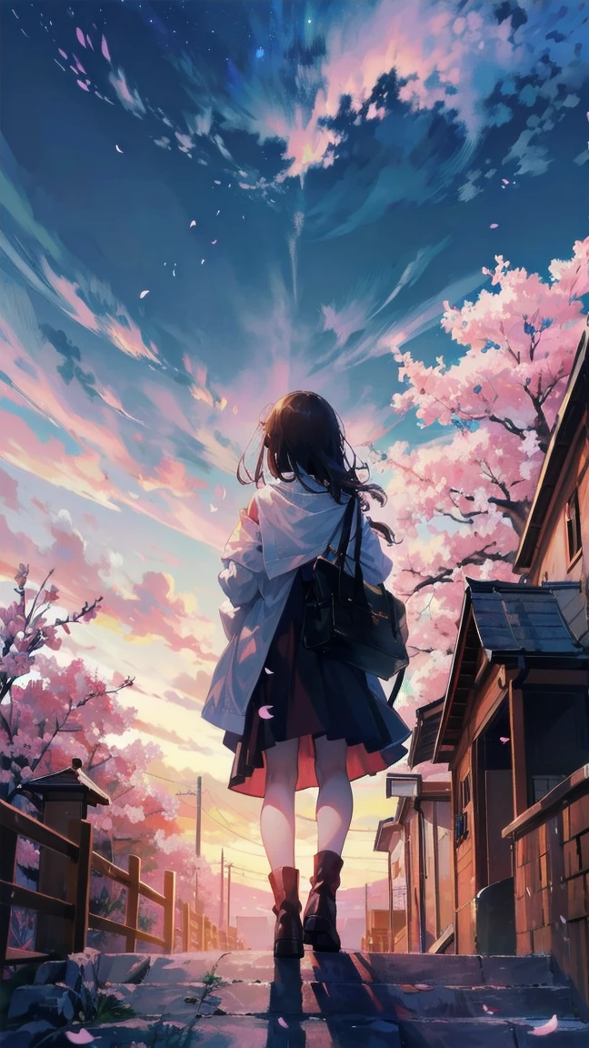 Girl looking up scene 1: Shadow of the cherry blossoms at dusk A girl stands quietly with the sky behind her, Dyed azure. 彼女の目の前にそびえ立つのはバベルのtowerと呼ばれる巨大な桜だ. The Shape, Like piercing the clouds, It's like it's reaching the sky. The girl's gaze is directed towards the top of the cherry tree.. tower, Enveloped in the darkness of the evening, Creates a fantastic atmosphere. The surface of the cherry tree has intricate patterns engraved on it.. Old-fashioned. The girl seemed to sense something deep within the cherry blossoms.. Is it a memory of a classic story?、Or is it a longing for an unknown fantasy world?? Scene 2: Memories of the starry sky As countless stars twinkle in the night sky、少女はtowerの頂上に立つ. At her feet, The city lights shine like jewels. The girl closes her eyes and takes a deep breath. 夜風の匂いとtowerの古い匂いが混じる. The girl's mind replayed a famous story. The girl read a story of adventure and friendship.。 . The main character of the story, Like a girl, バベルのtowerに登りました. There, She met her friends、Overcoming various difficulties. One day the girl had a dream。, Like the main character, I'll go on an adventure. Scene 3: 朝焼けの約束 朝日の光がtowerを照らす頃、少女はtowerを出た. think back, towerは朝日に輝いて神々It even seemed. 少女はいつかまたこのtowerに登ると決めた. And she, She vows to tell the rest of the story. step by step, The girl walked into the future,Cherry blossom trees,Falling cherry blossoms