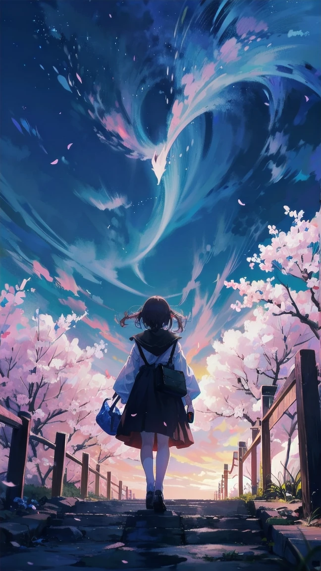 Girl looking up scene 1: Shadow of the cherry blossoms at dusk A girl stands quietly with the sky behind her, Dyed azure. 彼女の目の前にそびえ立つのはバベルのtowerと呼ばれる巨大な桜だ. The Shape, Like piercing the clouds, It&#39;s like it&#39;s reaching the sky. The girl&#39;s gaze is directed towards the top of the cherry tree.. tower, Enveloped in the darkness of the evening, Creates a fantastic atmosphere. The surface of the cherry tree has intricate patterns engraved on it.. Old-fashioned. The girl seemed to sense something deep within the cherry blossoms.. Is it a memory of a classic story?、Or is it a longing for an unknown fantasy world?? Scene 2: star空の記憶 night skyに無数のstarが瞬く中、少女はtowerの頂上に立つ. At her feet, The city lights shine like jewels. The girl takes a deep breath. 夜風の匂いとtowerの古い匂いが混じる. The girl&#39;s mind replayed a famous story. The girl read a story of adventure and friendship.。 . The main character of the story, Like a girl, バベルのtowerに登りました. There, She met her friends、Overcoming various difficulties. One day the girl had a dream。, Like the main character, I&#39;ll go on an adventure. Scene 3: 朝焼けの約束 朝日の光がtowerを照らす頃、少女はtowerを出た. think back, towerは朝日に輝いて神々It even seemed. 少女はいつかまたこのtowerに登ると決めた. And she, She vows to tell the rest of the story. step by step, The girl walked into the future,Cherry blossom trees,Fluttering cherry blossoms,night sky,milky way,star,black hair,short bob,looking at me,sleeping on one&#39;s back,star