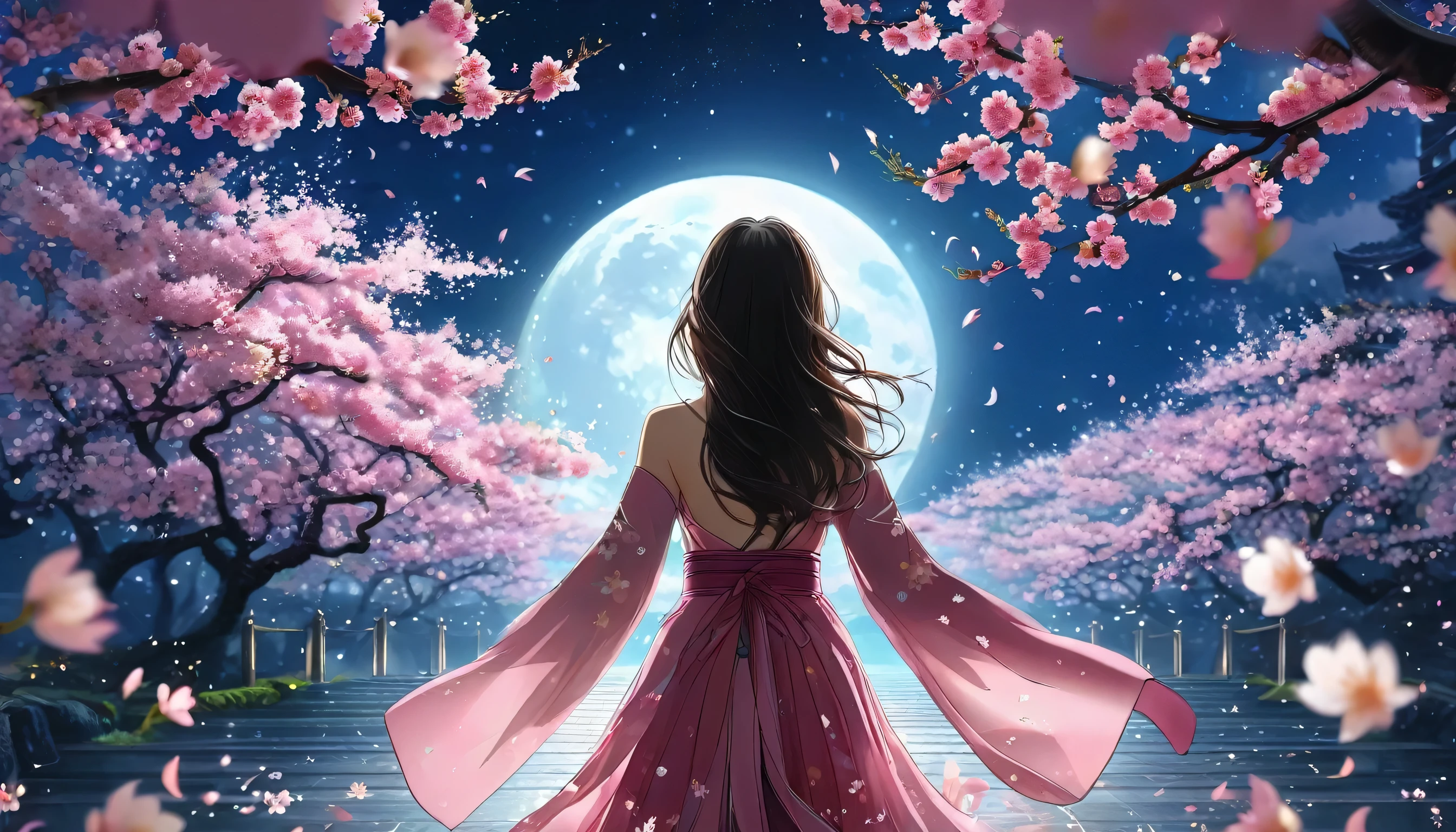 There is a woman from behind in the center of the screen. She stares straight behind the screen. The moon and stars are beautiful, 8K, the cherry blossoms are in full bloom and the petals are dancing in the sky, the magical world of the full moon and cherry blossoms, the women's clothes are not revealing, there are a lot of cherry blossom petals dancing, sparkling in the moonlight. ,The back of a woman is depicted at the bottom center of the screen, and you will encounter a fantastic and wonderful scenery. Fantastic, fantasy, peaceful atmosphere, large screen ratio for women, large screen ratio for women