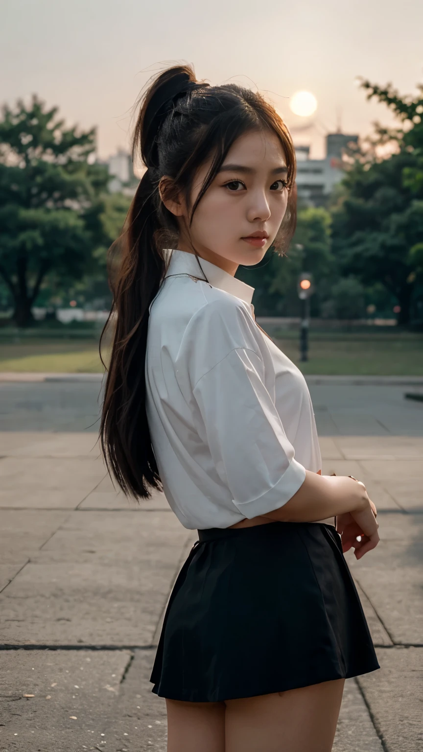 Korean girl cute long hair,bun hairstyles,look at camera , portraits,27 year ago, shirt minimalist black,mini skirt black ,korea tone, sunset, at park , seoul korea