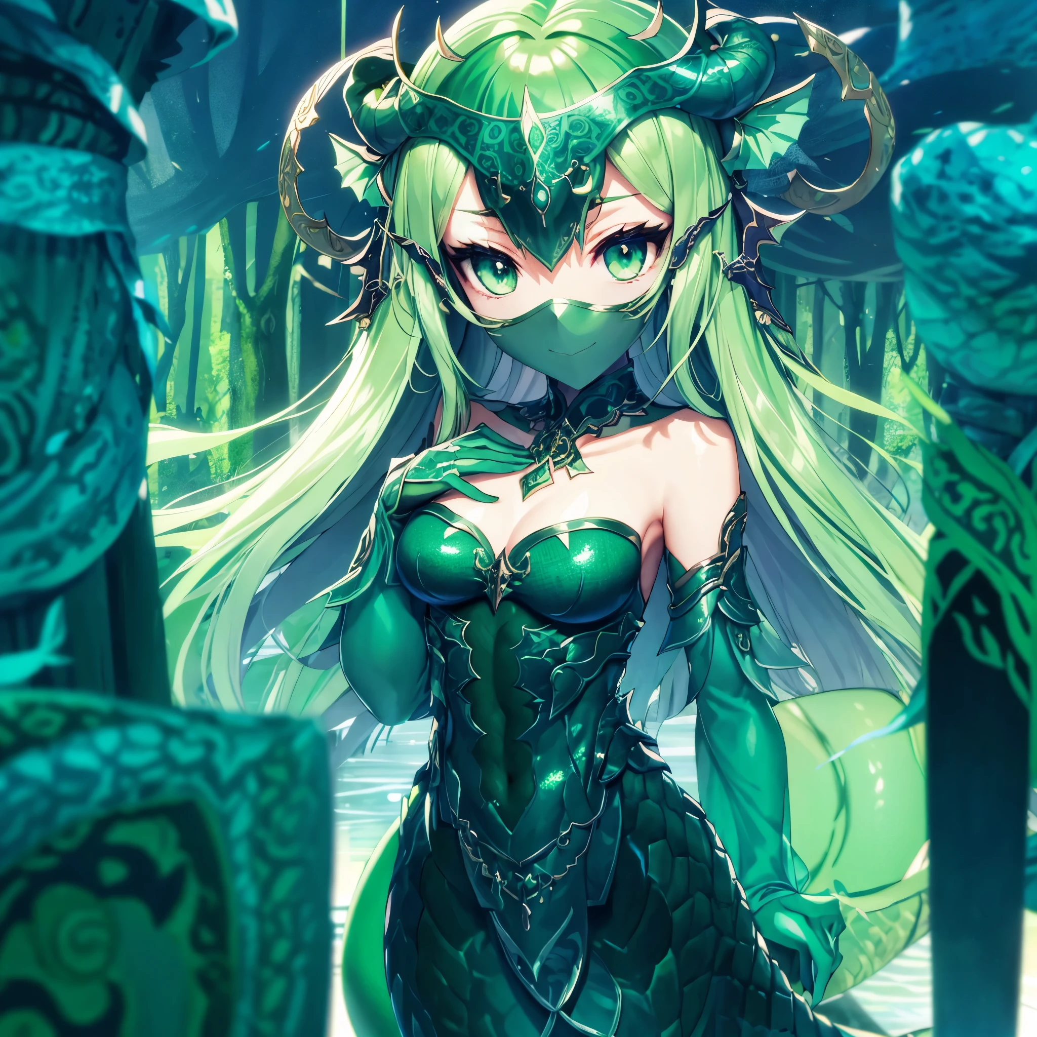 Lamia. metallic green fashion. face veil. long gloves. eyes motif hair ornament. swamp. anime style. full body image.