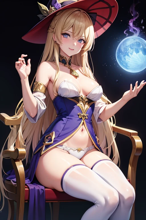 "Imagina una escena vibrante y rica en detalles, worthy of the aesthetics and visual depth of the Genshin Impact universe, capturando a una joven bruja de pie, en todo su esplendor 8k. Esta bruja, defined by her long brown hair that cascades naturally over her shoulders, debe ser el foco principal. Sus ojos almendrados brillan con un tono dorado cautivador, offering the viewer a look full of confidence and a pinch of mischief. Debe llevar un sombrero de bruja impresionante, bowed slightly to add mystery to his countenance, and a purple dress that combines elegance with the dynamic combat style characteristic of Genshin Impact. This dress not only highlights your unique personality, but it also moves as if imbued with magic, con pliegues que sugieren movimiento y una vida propia. The witch is sitting gracefully on an intricately designed chair, that seems taken from the most mysterious corners of Teyvat, con sus piernas separadas de manera elegante, showing off her tight white panties arranged in a way that suggests both elegance and readiness for action. Her high heels and high stockings add a touch of sophistication and mystery to her outfit., inviting you to contemplate the stories it could tell. His expression is playful, adorned with a mischievous smile that hints at adventures to come or barely contained secrets. Alrededor de ella, the environment must be permeated with subtle magical elements, like floating specks of light or little mystical creatures, creating an atmosphere that is both welcoming and full of unexplored possibilities. This portrait should not only capture the stunning aesthetics and visual richness of Genshin Impact, but also convey the unique personality and enigmatic character of the witch, invitando a los espectadores a perderse en su mundo."