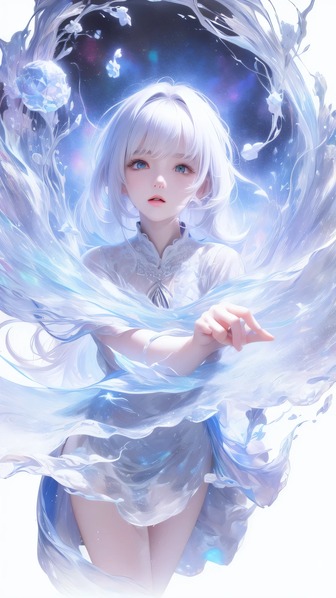 ((masterpiece)), (((best quality))), ((ultra-detailed)), ((illustration)),[realism light effect],shadow,(Fantasy style),(white background:1.6), simple background, (earth theme),(a cloak)[(hair focus,((1girl)),[(big slime hair): (cloud hair):0.3], (hair on background),(high saturation),(hair surrounded by galaxy splashes),)):((her hair is becoming galaxy clouds,:1.27628), (hair and clothes is galaxy clouds and cluster of stars:1.1025),(a cloak is becoming galaxy clouds)
