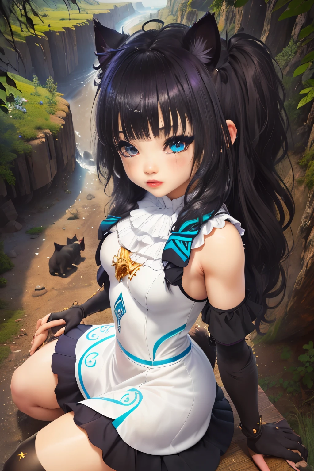 (Obra maestra, Mejor calidad:1.4),,((long hair slightly wavy slightly past the shoulders, black bangs, small black pigtails on the sides, cute cat ears, beautiful thin red eyes,)),
1 chica, de pie, cuerpo completo, hembra peluda, pelaje del cuerpo, (piel blanca, piel blanca:1.1), breast tuft, digitigrade, (tiro de vaquero:1.2), (desde arriba, enfoque facial:1.4),
black mask, (blue eyes, ojos brillantes:1.4),
hooved,
(vestido blanco:1.4),
small breasts,
ROMPER,
(Naturaleza, selva, bosque magico, bosque de fantasia, grass, hojas moradas, plantas, flores brillantes, rocas, day,)