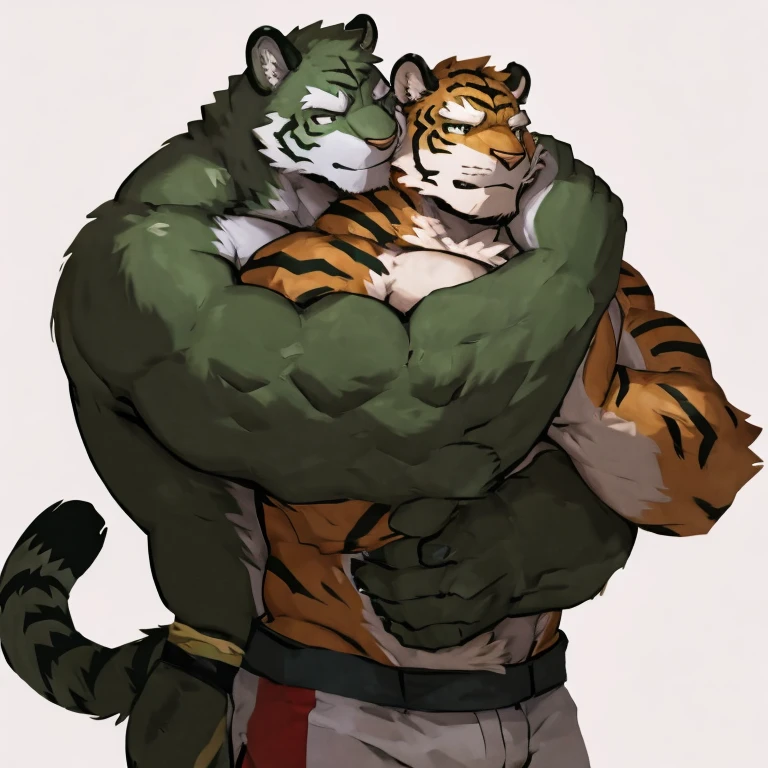 two muscular tiger , furry chest, muscular green tiger hug muscular tiger back, muscular green tiger stand behind, hug from behind, white background, perfect hand, thick furry neck and chest fluff, hand behind head, kiss, side view by lindong, by nullghost