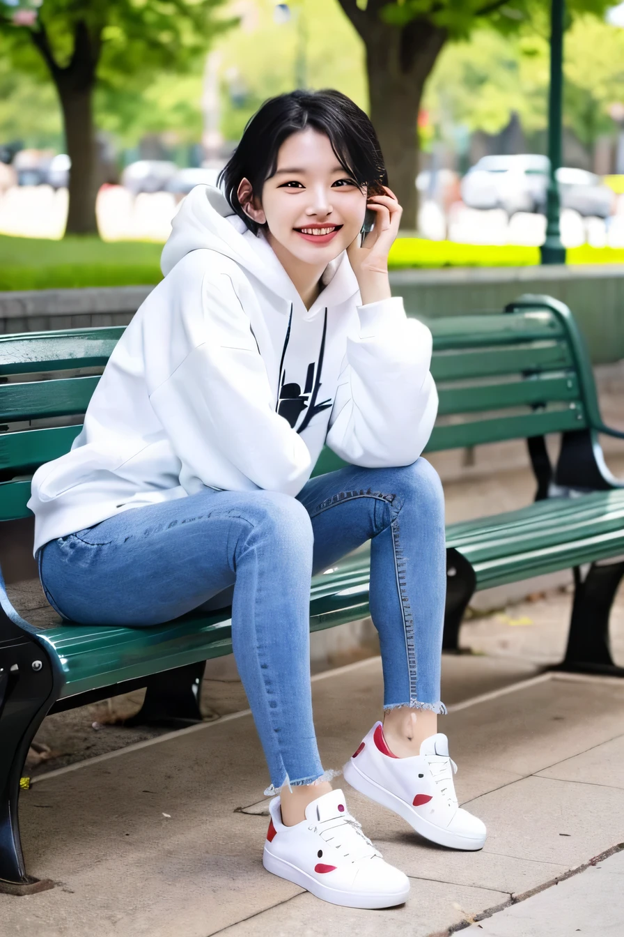 highest quality)), ((masterpiece)), (get used to it), perfect face、((highest quality)), A neat and beautiful woman sitting on a park bench、hoodie、skinny denim、sneakers、black hair、hairstyle short cut、smile、smile showing teeth、full body photo、ear piercing