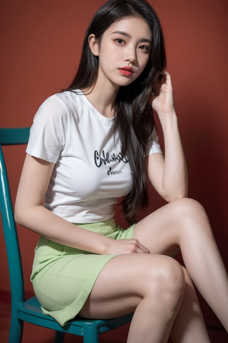 21yo girl, green hair, red background,Upper body wearing tight fitted white Casual t shirt short sleeve, lower body wearing pancil knee midi skirt with slide silt